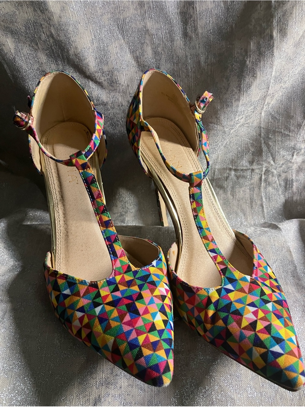 Liliana multicolor with gold, T strap heels